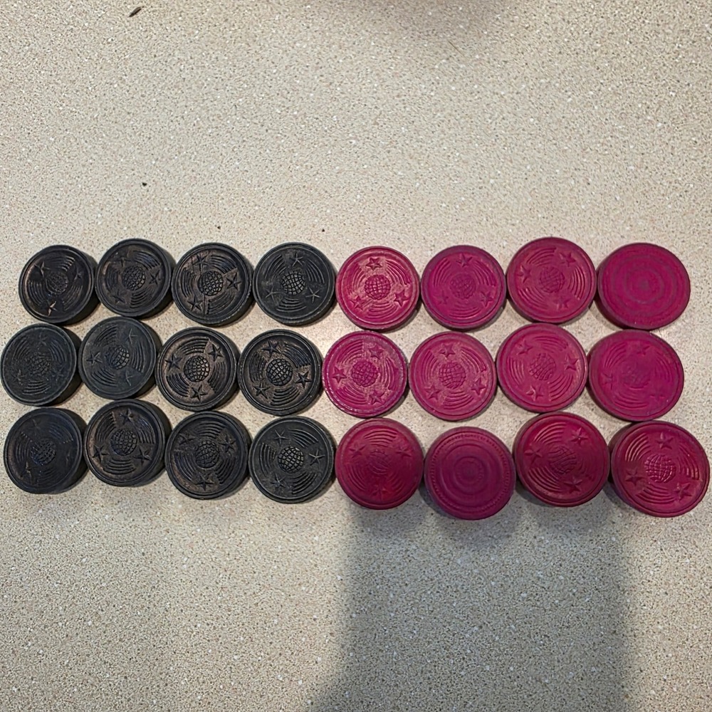 Vintage Wood Checkers 1.25" Set Magenta Black Star Globe Raised Design, 24 piece